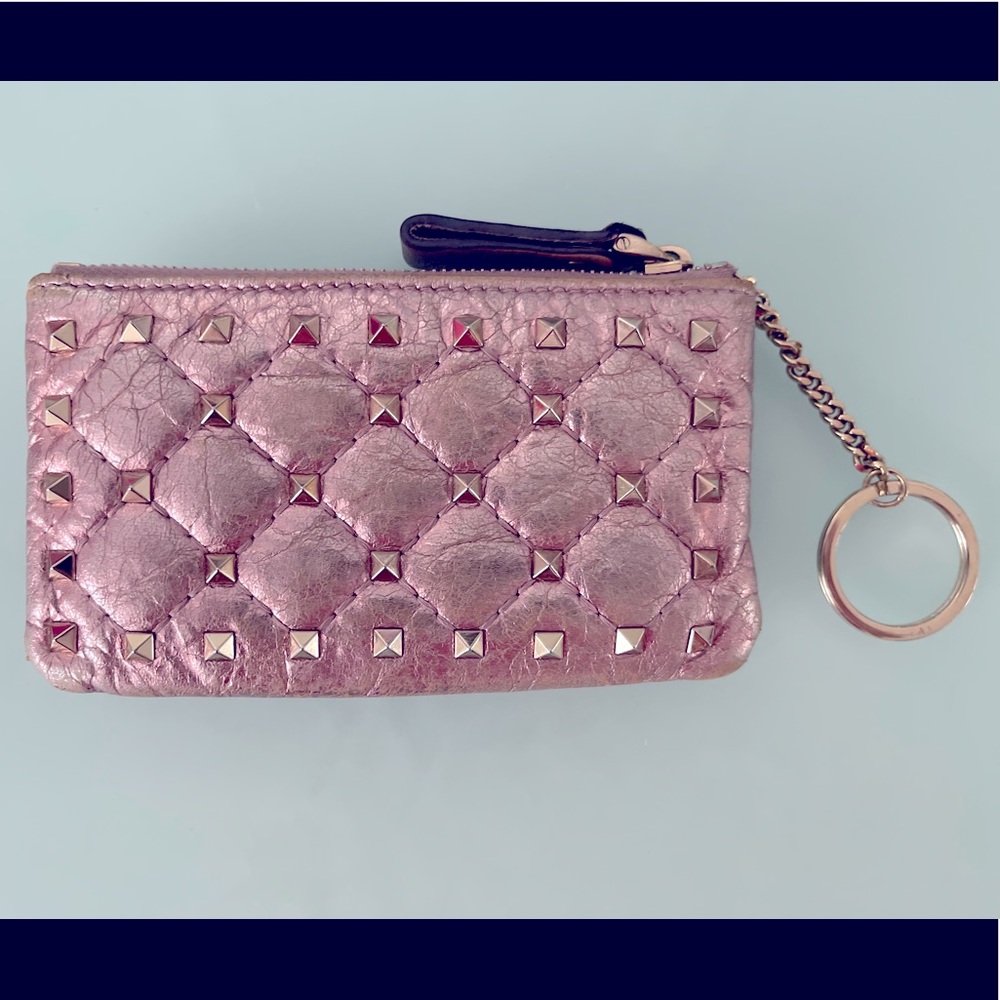 VALENTINO  Rockstud Spike pink leather card holder